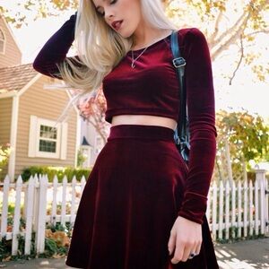 Elegant Velvet Burgundy Skirt Set
